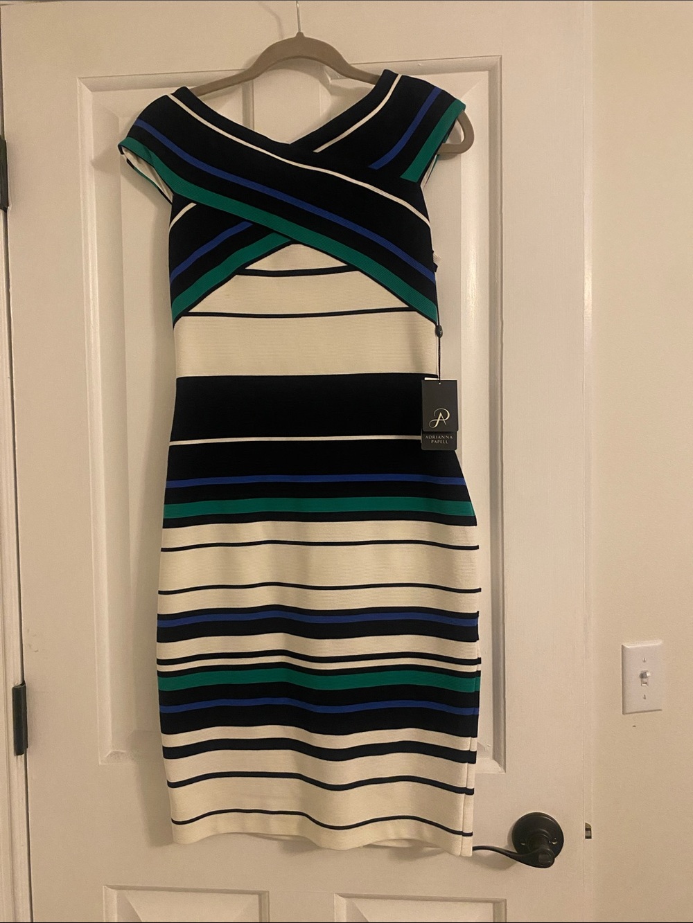 Adrianna Papell Black, White, Blue & Green Striped Midi Sheath Dress